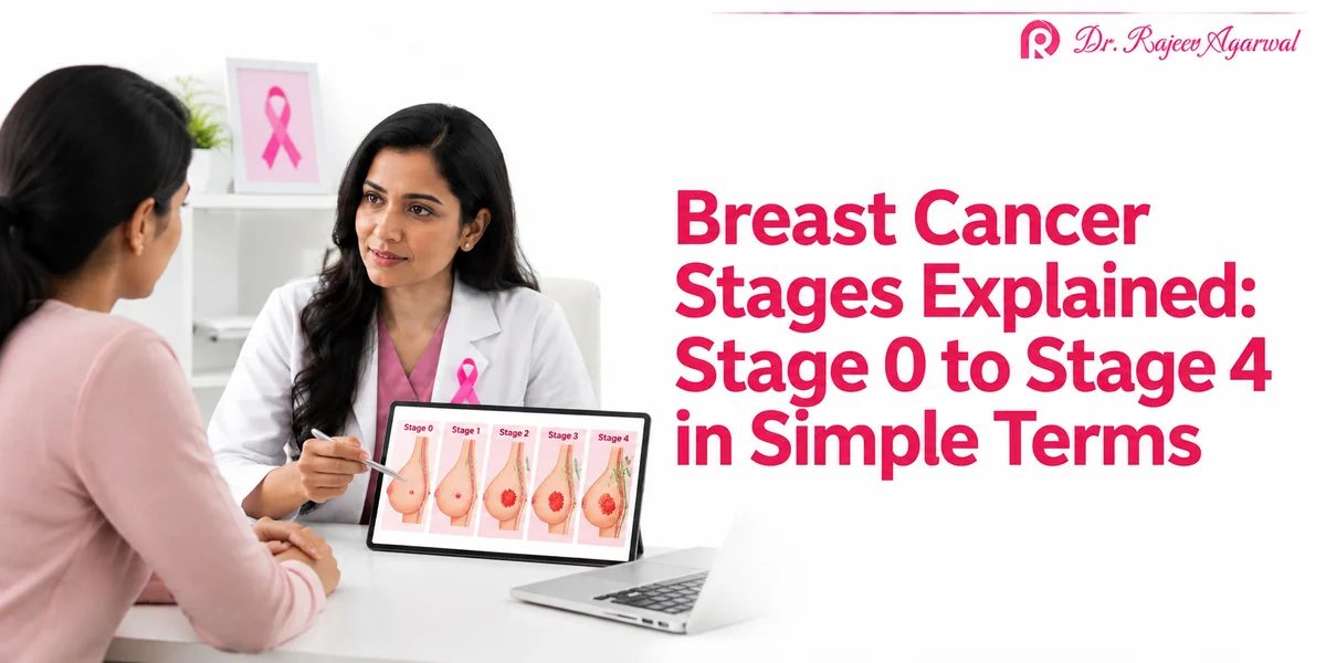 Dr Rajeev Agarwal explaining the breast cancer stages 0 to 4 to a patient